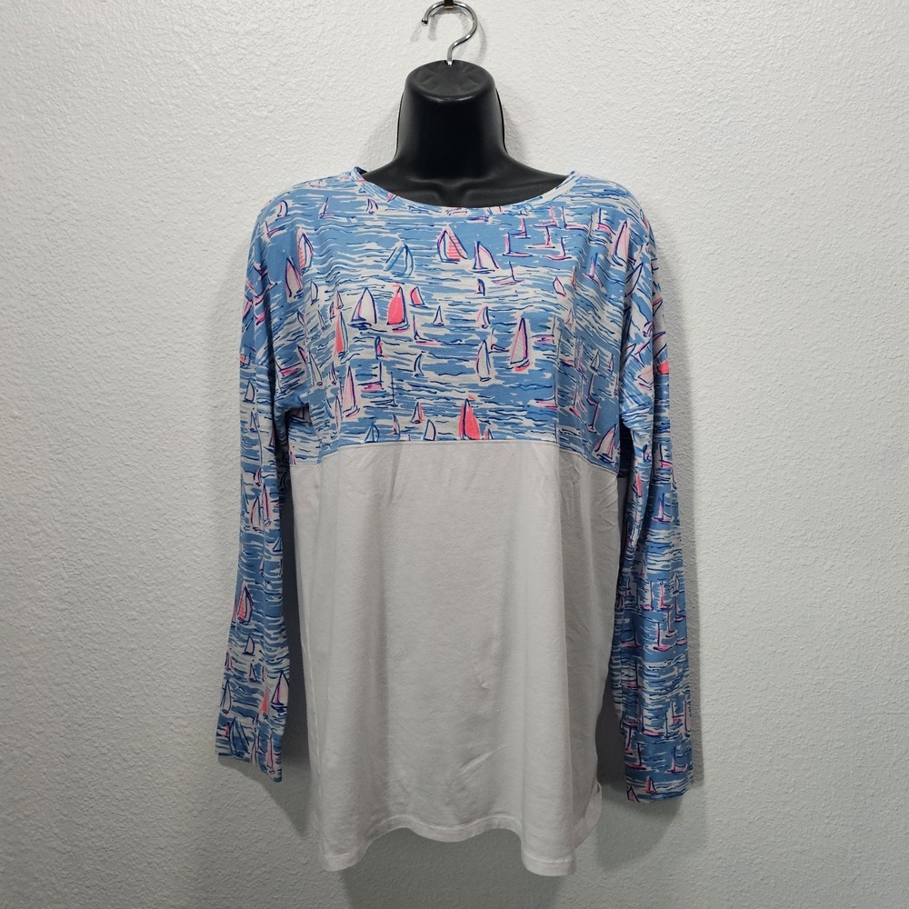 Lilly Pulitzer SMALL Blue BOATYLICIOUS FINN TEE Long Sleeve Top Sailboats